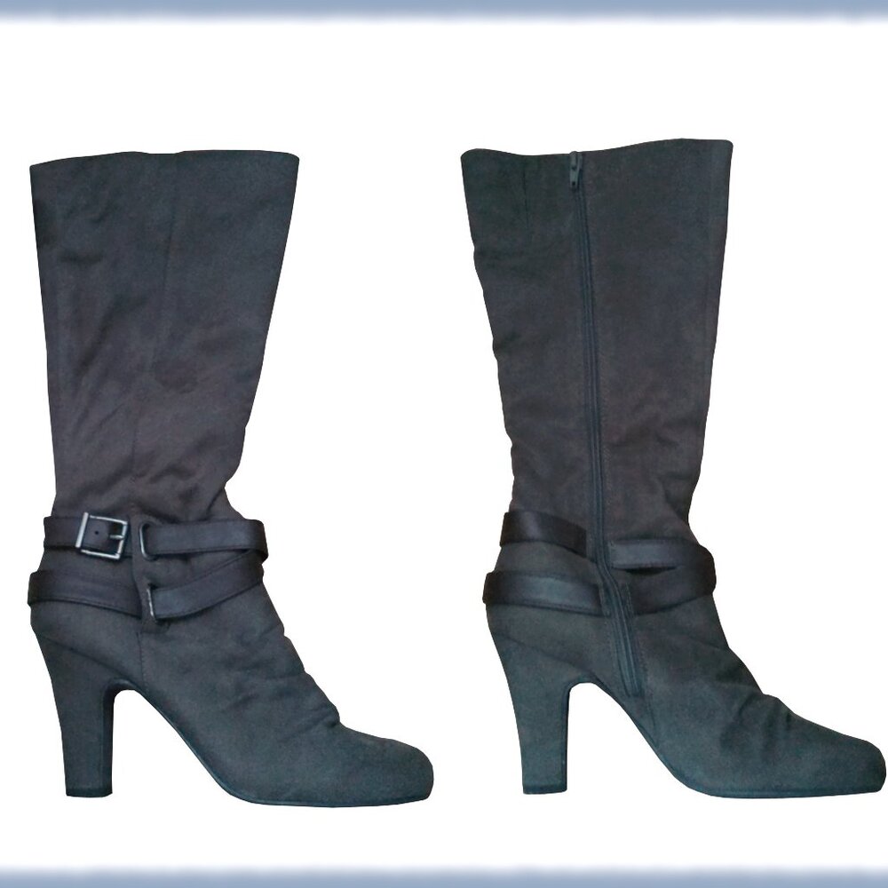 Women's 4" Heel Boots, Olive Green Faux Suede, Brown Buckle, Size 7